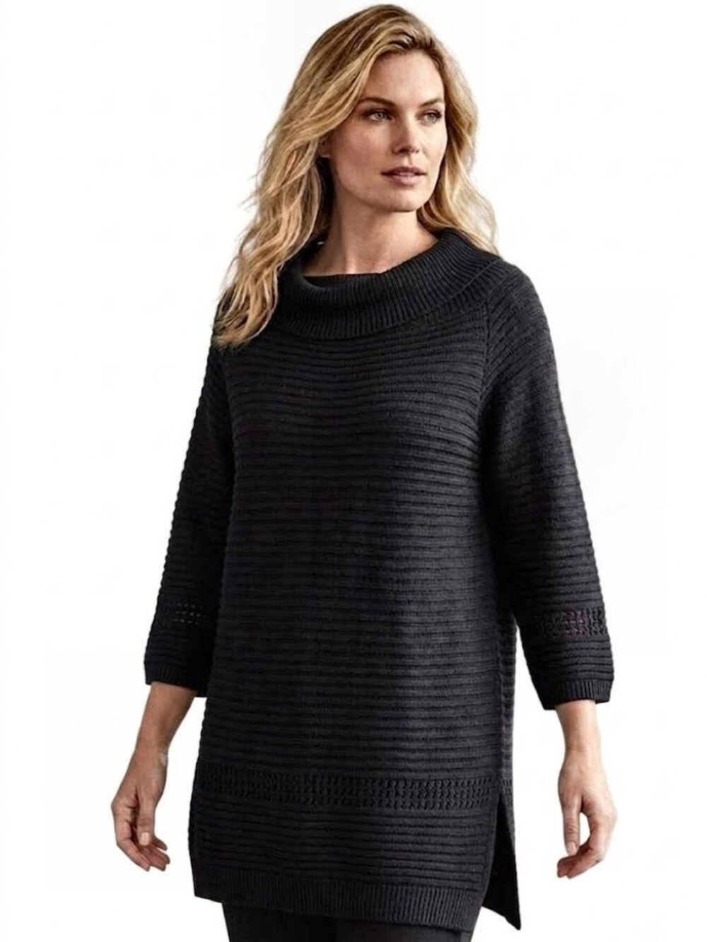 FUZZI Italy Ribbed Mesh Knit Boat Neck Cotton Tunic Sweater, Black Womens Size M